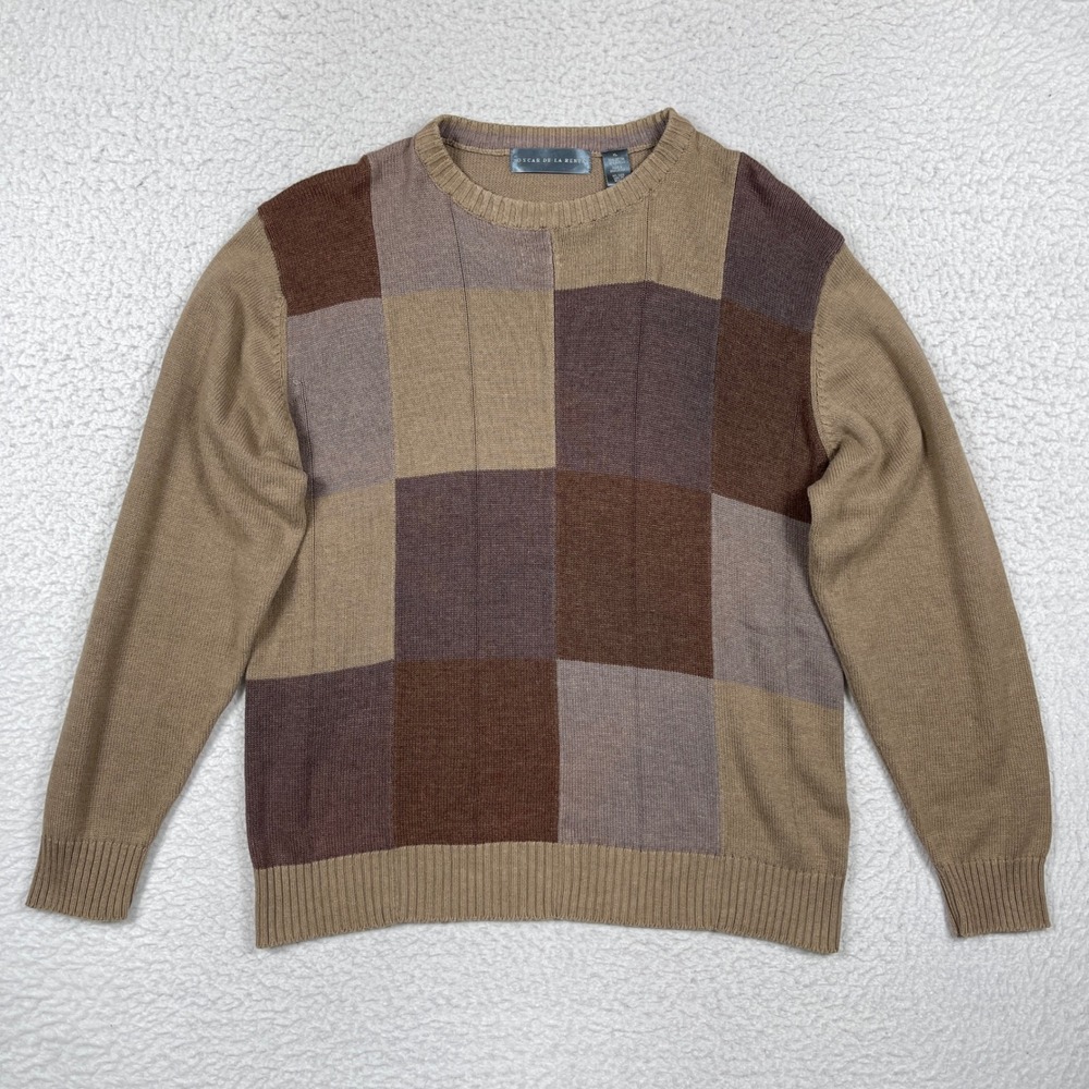 Oscar de la Renta Sweater Mens XL Brown Patchwork Block Dark Academia Retro